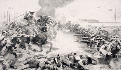 Hauptmann F.O. Grenfell, VC, führt den Angriff der 9. Lanzenreiter an, um erbeutete Kanonen in der Nähe von Doubon zurückzuerobern, 24. August 1914, aus 